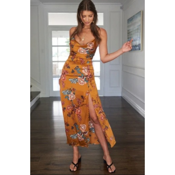 Cantonwalker Women Satin Slip Dress XS Cowl Neck Orange Floral Slit Sexy 90s Y2K - Picture 5 of 16